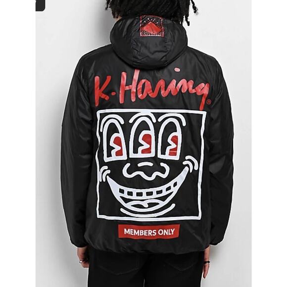 Keith Haring x Members Only Mens Reversible Black Print Puffer Jacket Size S Y2K - Picture 3 of 10